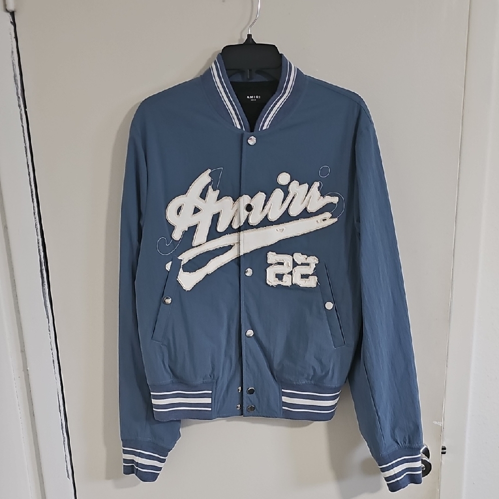 AMIRI Blue and White Varsity Bomber Jacket